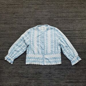 Zara Size M Light Blue/White Embroidered Button Up Scalloped Blouse Top
